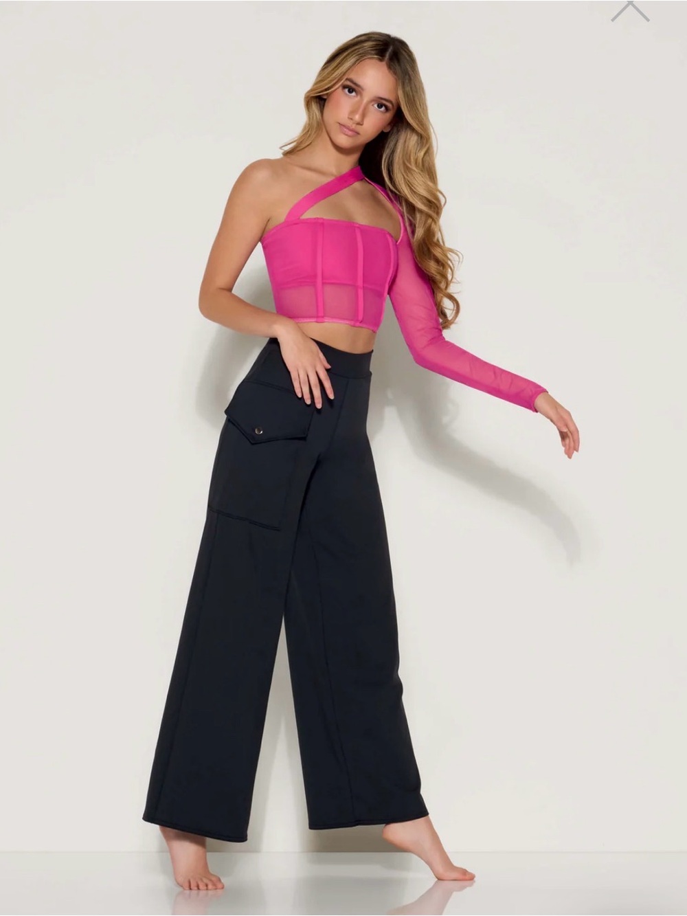 One-Shoulder Mesh Crop Top in Hot Pink
